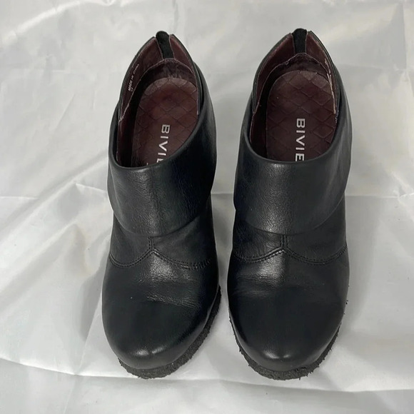 BIVIEL Wedge Booties Black Almond Toe Cuff Leather Textured Rubber Sole Size 37 - Picture 5 of 12